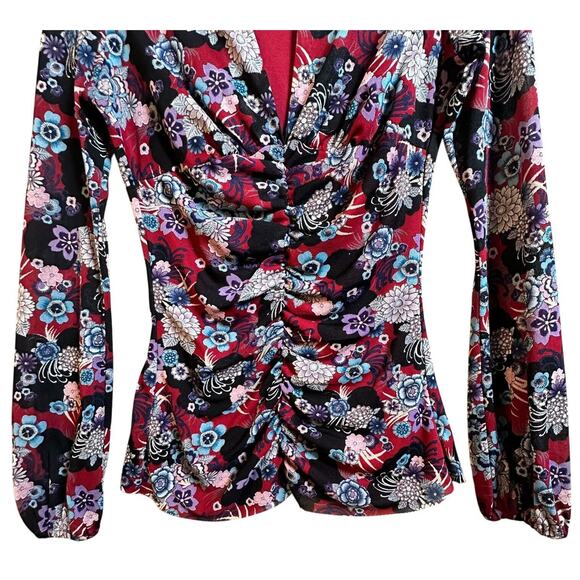 Bisou Bisou Michele Bohbot Floral Semi Sheer Ruched LS Top Whimsygoth Mesh Sz XS - Picture 3 of 15